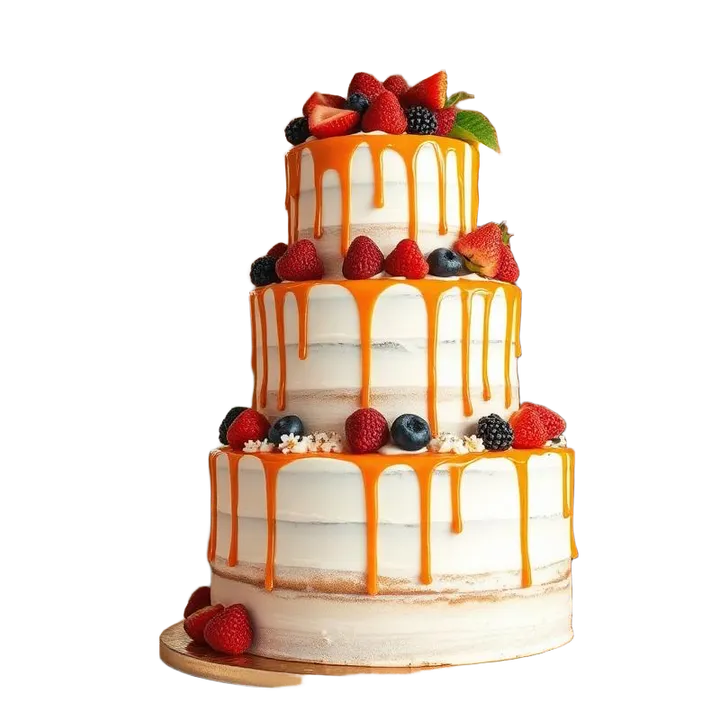 Three-tier celebration cake with caramel drip and fresh berries
